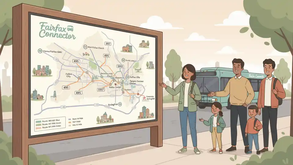 Fairfax Connector route map display showing multiple bus lines and connections across Northern Virginia
