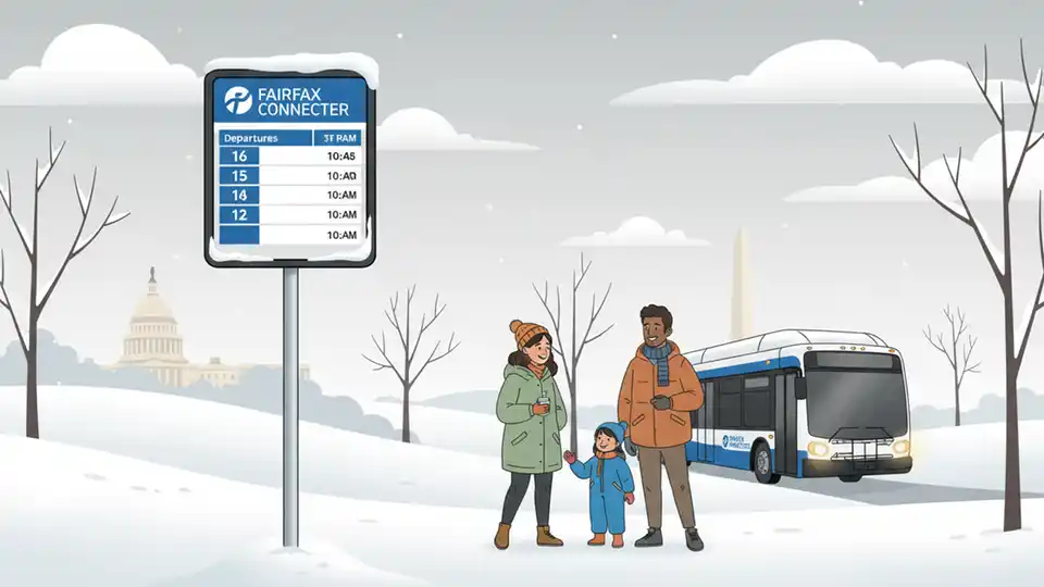 Fairfax Connector bus stop sign with snow accumulation showing route numbers and schedule information