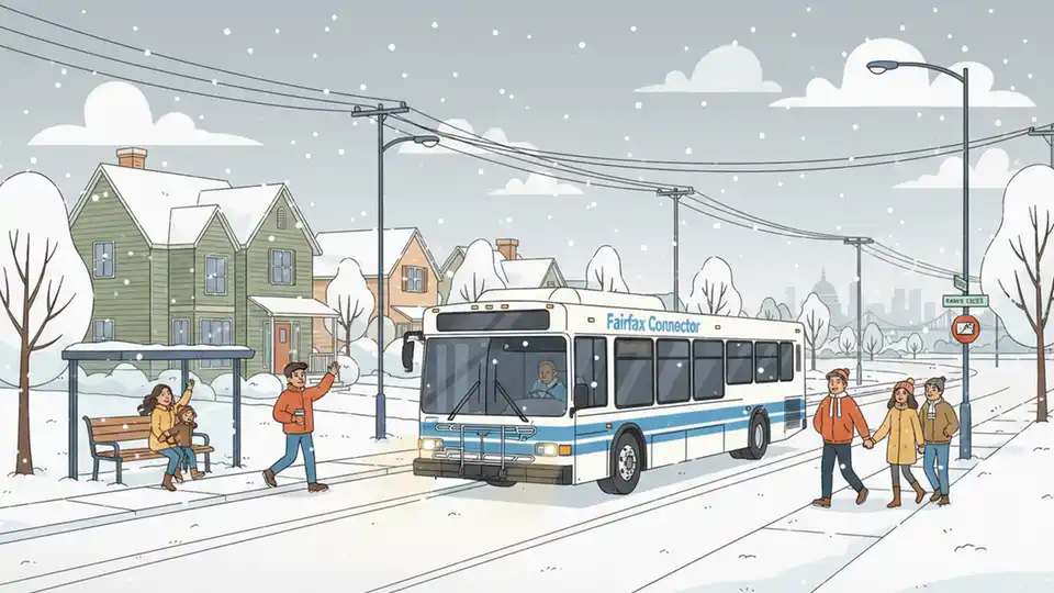 Fairfax Connector bus navigating snowy suburban road with winter weather conditions visible