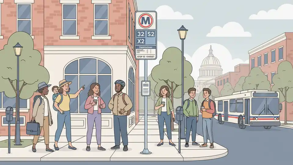 Washington DC Metro bus stop sign with route number and stop ID posted on urban street corner