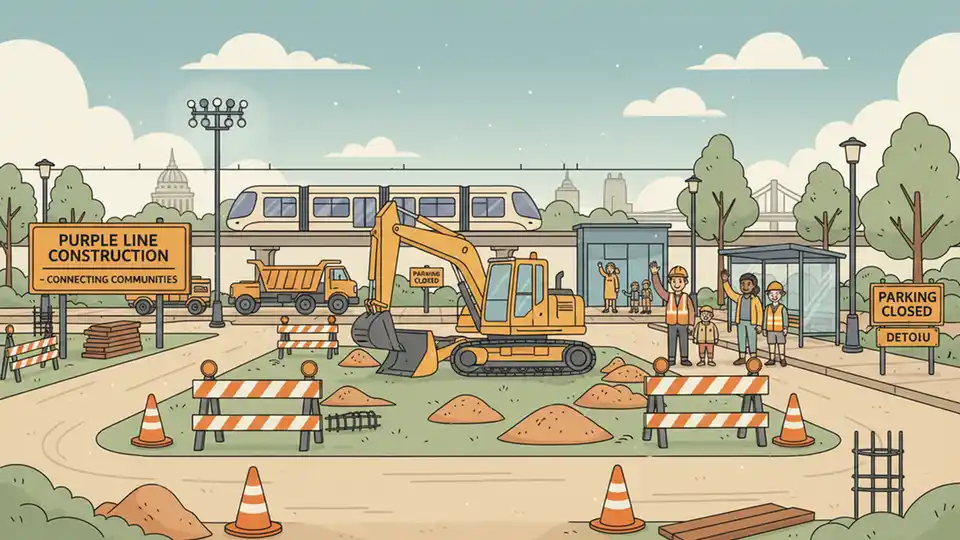 Construction activity at transit station parking area with equipment, barriers and signage visible during Purple Line infrastructure work