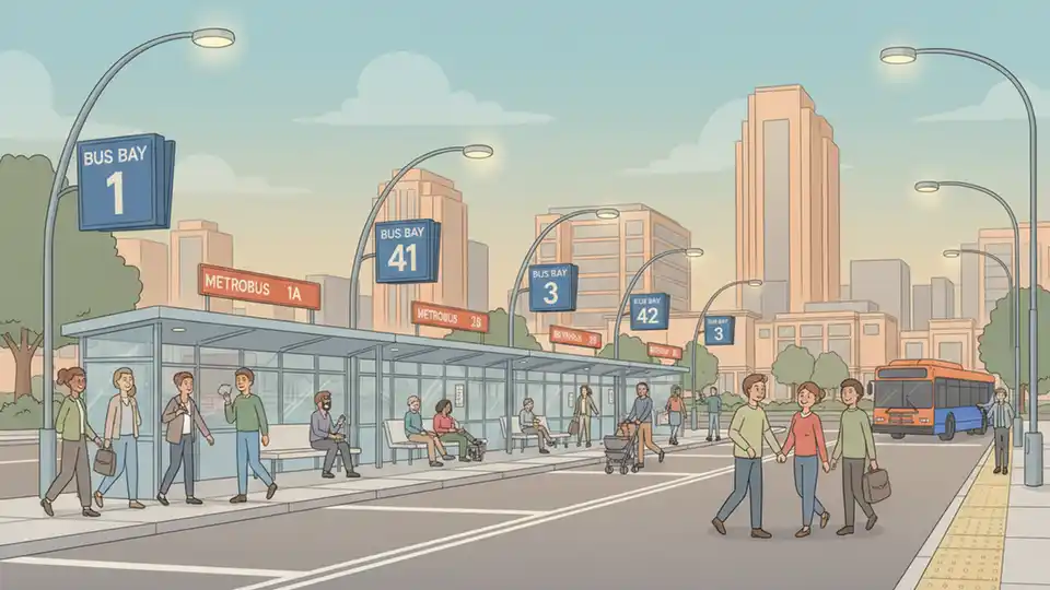 Ballston Metro Station bus bay area showing multiple bus bays with route number signs and covered waiting area for passengers