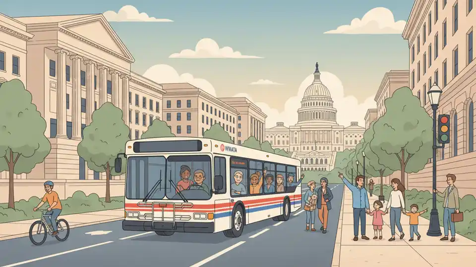 WMATA bus on Pennsylvania Avenue in downtown Washington DC with historic buildings in background