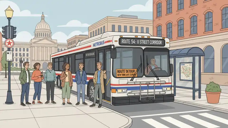 WMATA bus at downtown DC stop with detour signage and passengers boarding