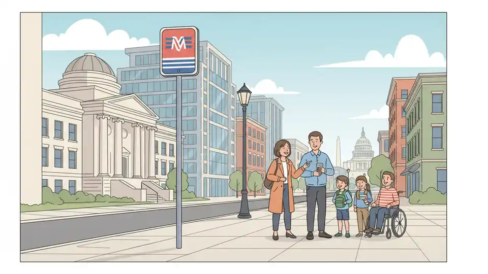 WMATA bus stop sign on Pennsylvania Avenue NW with downtown Washington DC buildings in background