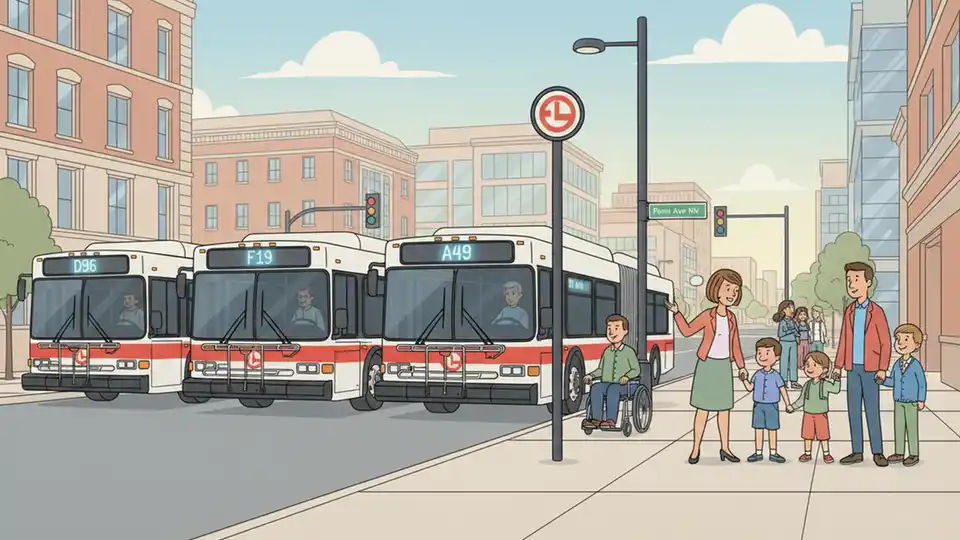 Multiple WMATA Metrobus vehicles at downtown DC transit stop with route number signs visible showing D96, F19, and A49