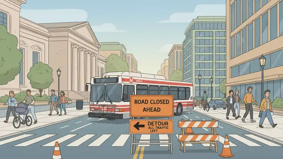 WMATA bus navigating detour route on downtown DC street with road closure signs visible