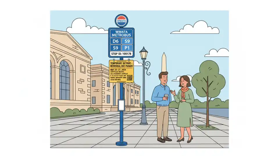 WMATA bus stop sign with temporary detour notice for Memorial Day parade