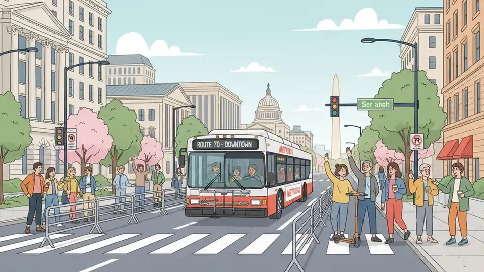 Washington Metro bus navigating downtown DC street with parade barriers visible