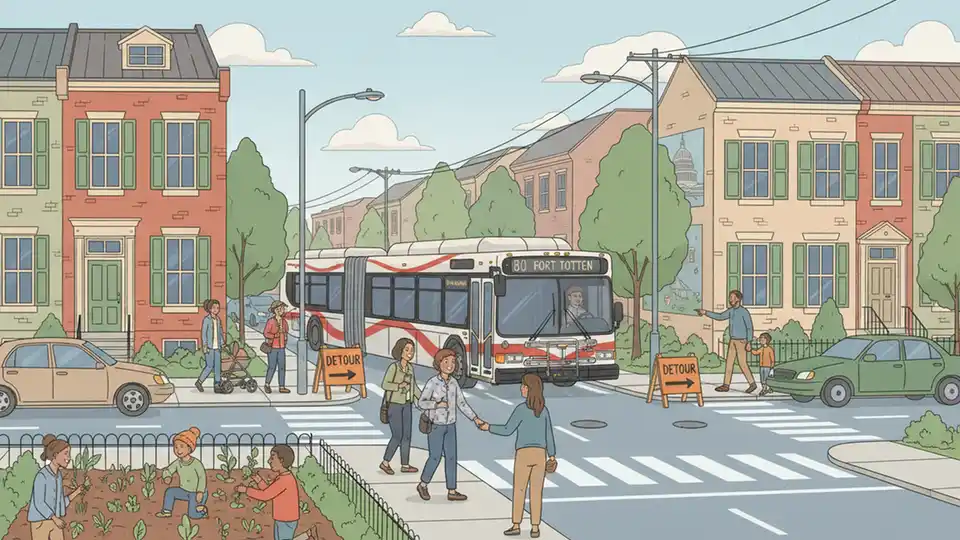 WMATA bus turning onto detour route at street intersection in Northeast DC