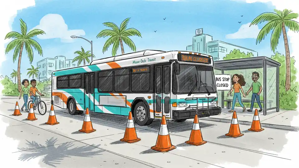 Transit bus passing closed bus stop with orange construction cones and temporary closure notice