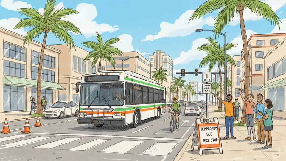 Southbound bus approaching temporary bus stop location on urban arterial road