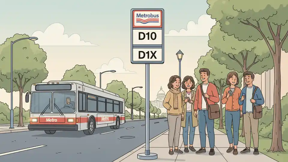 WMATA bus stop sign showing route numbers D10 and D1X with a Metro bus approaching in the distance on a DC street