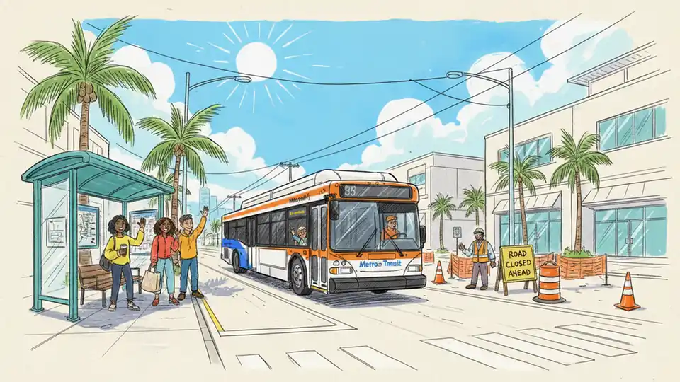Eastbound bus approaching stop on urban arterial road with construction zone visible