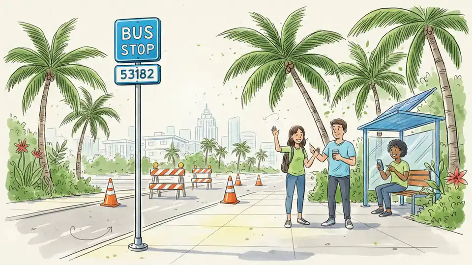 Bus stop sign with Stop ID number on urban street with construction barriers in background
