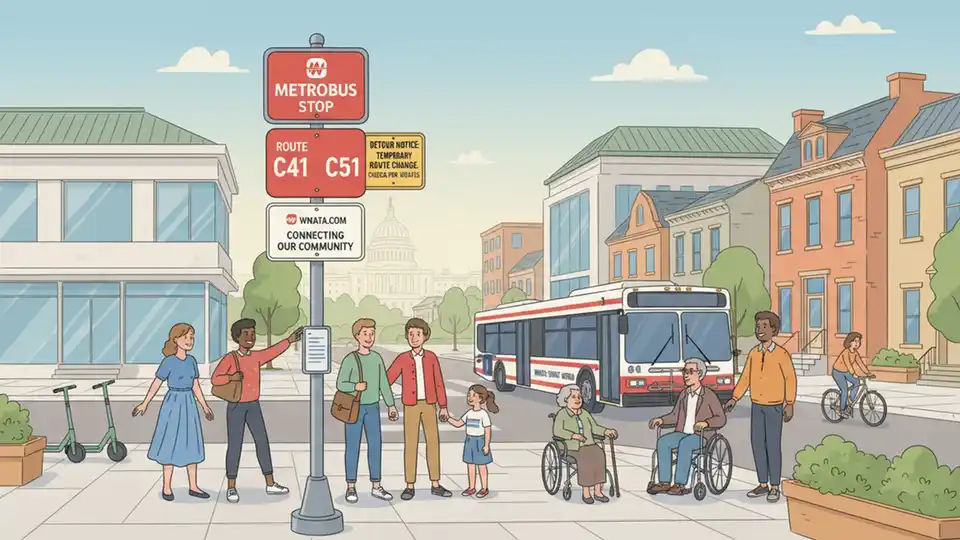 WMATA bus stop sign showing C41 and C51 route numbers with detour notice posted