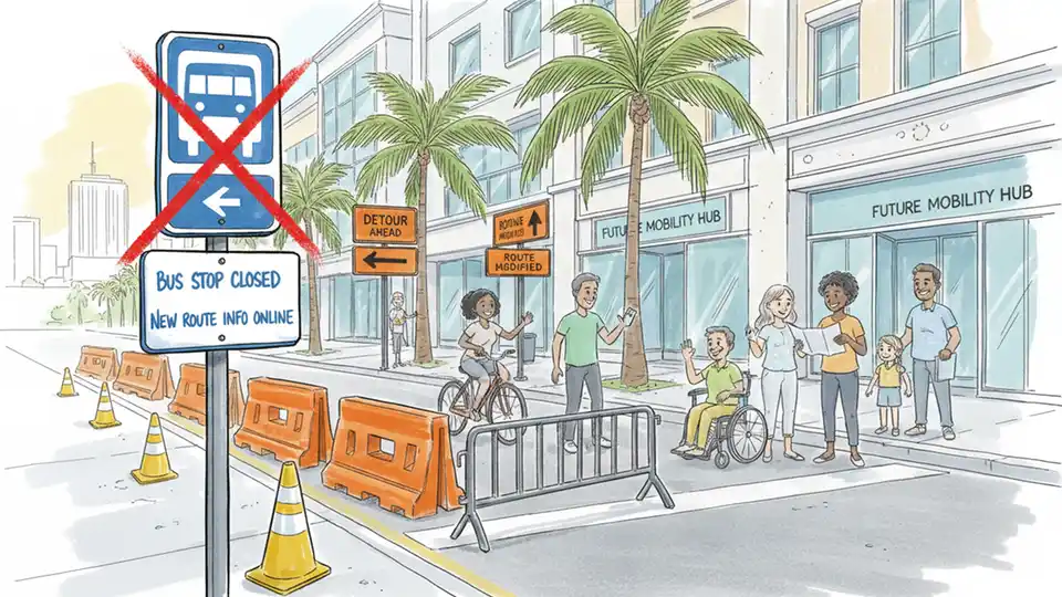 Closed bus stop sign on urban street with construction barriers and detour signage visible in background