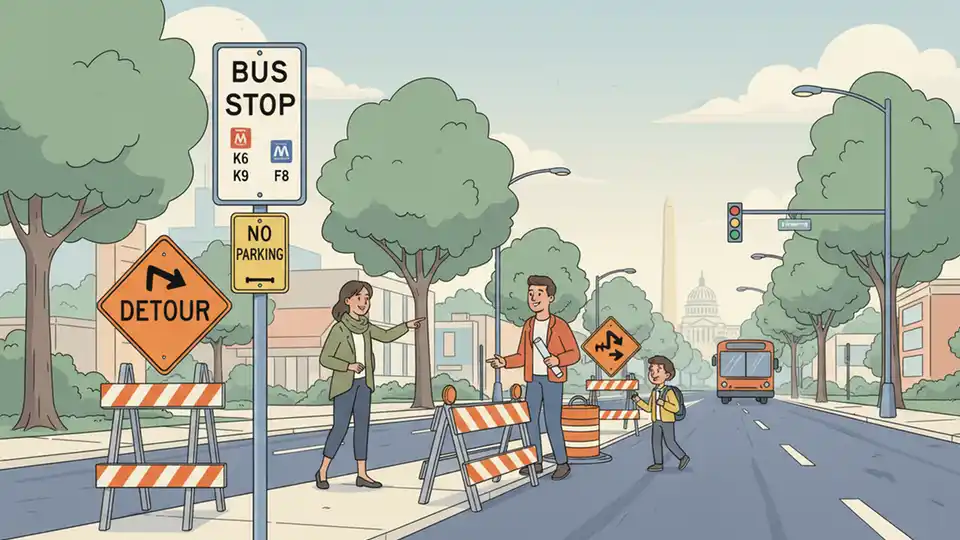 Bus stop sign on New Hampshire Avenue with construction barriers and detour signage visible