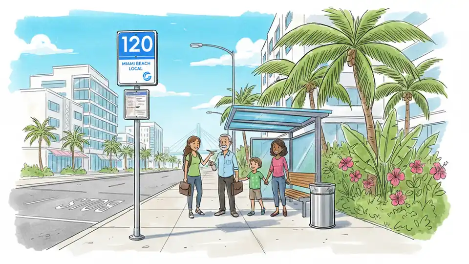 Bus route sign post at urban transit stop with route number displayed