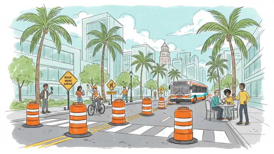 Orange construction barrels and road work signs on urban street with bus approaching in distance