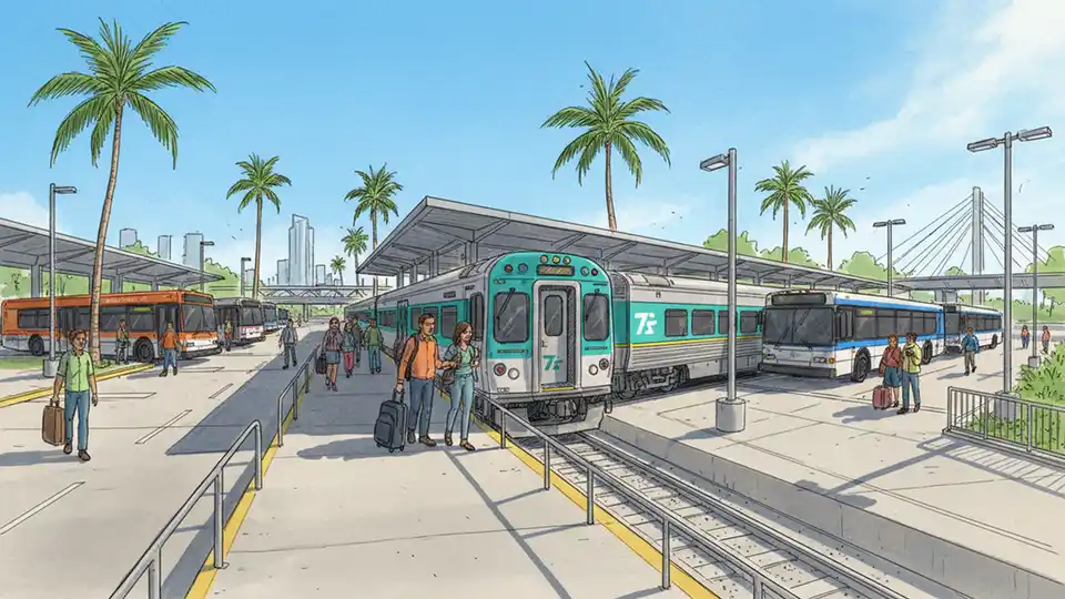 Wide view of South Florida transit hub showing Tri-Rail commuter train at platform with county buses in background, passengers boarding vehicles
