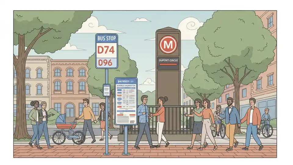 Description: Dupont Circle Metro station entrance with red line signage and bus stop in foreground showing route numbers and schedule information. Alt text: Dupont Circle station entrance WMATA bus stop D74 D96 routes Washington DC Metro. Composition: Angled view capturing both Metro station entrance and nearby bus stop infrastructure with clear signage visible.