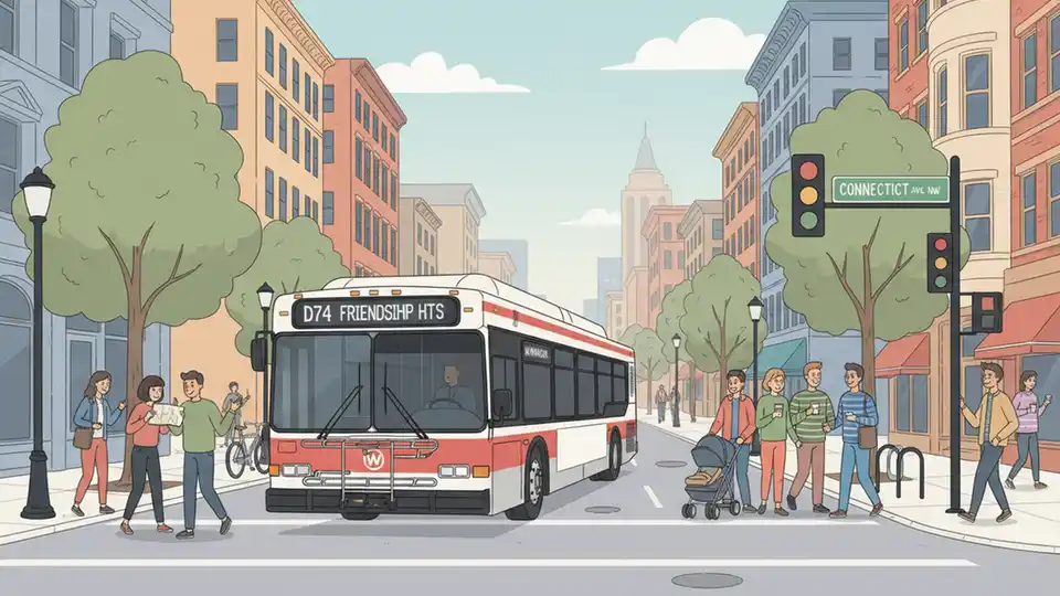 Description: WMATA Metrobus traveling through downtown Washington DC near Dupont Circle with Connecticut Avenue street signs visible in background. Alt text: DC Metro bus route D74 D96 detour Connecticut Avenue Dupont Circle construction WMATA. Composition: Street-level view showing bus in urban setting with recognizable DC architecture and street infrastructure.