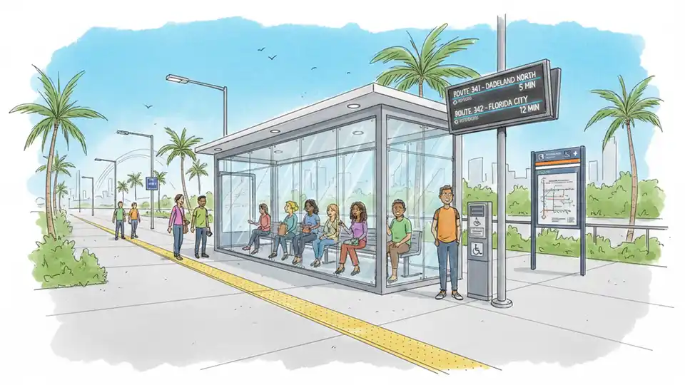 Modern BRT station platform with air-conditioned vestibule, digital arrival display, and waiting passengers along South Dade TransitWay