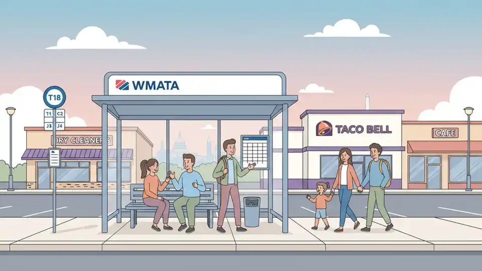 WMATA bus stop sign and shelter on Annapolis Road with Taco Bell restaurant visible in frame