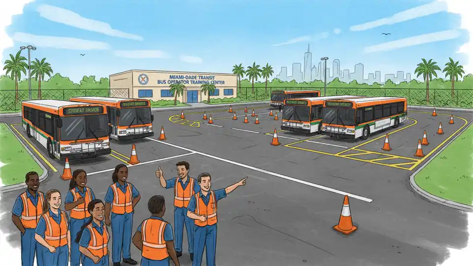 Miami-Dade Transit bus operator training facility with buses parked in training yard