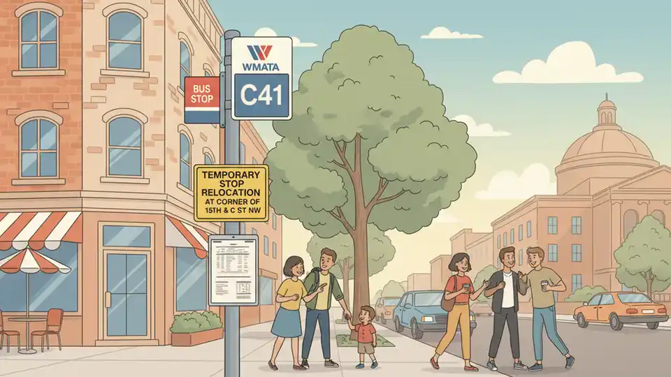 WMATA bus stop sign showing Route C41 with alternate stop information posted for construction detour