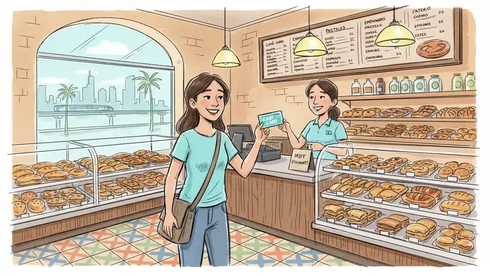 Transit rider showing EASY Card at Pinecrest Bakery location to receive discount on purchase
