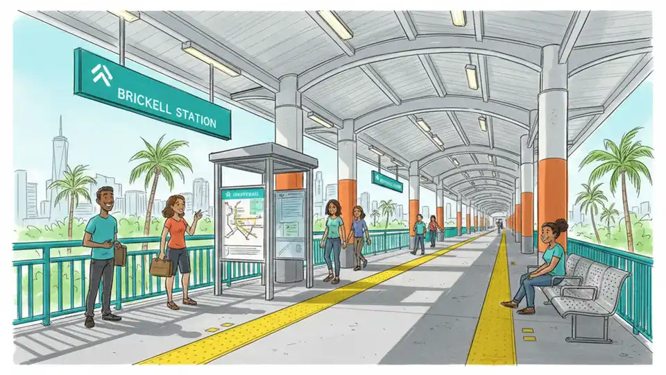 Miami-Dade Metrorail station platform with information kiosk and waiting passengers