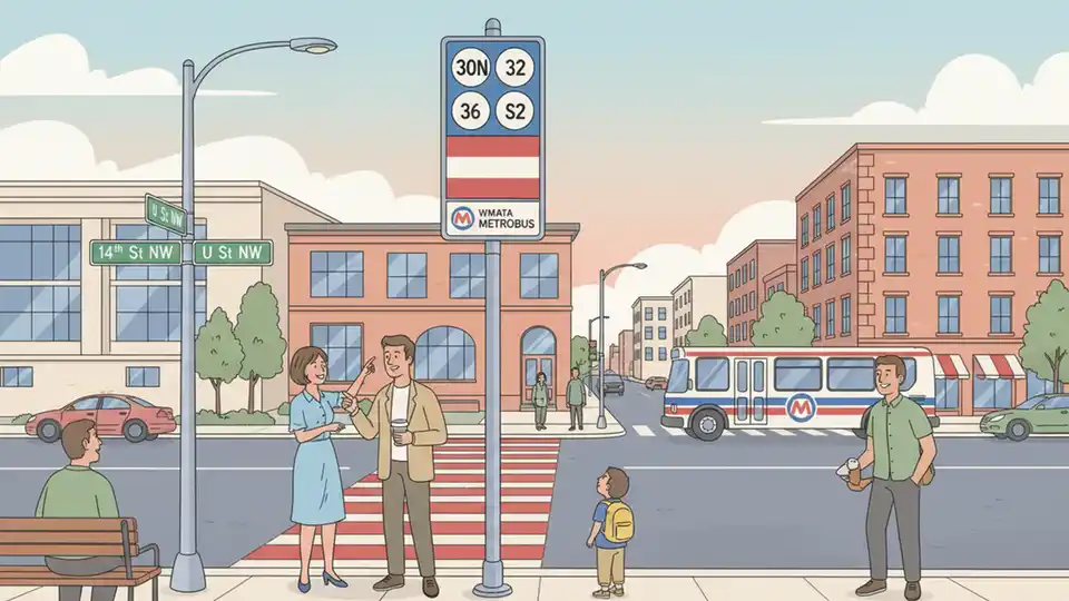 Bus stop sign showing WMATA route numbers with street intersection visible in background