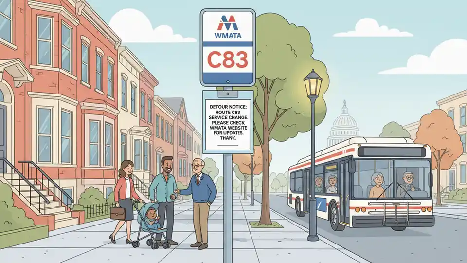 WMATA bus stop sign showing C83 route number with detour notice posted, urban street setting in Washington DC
