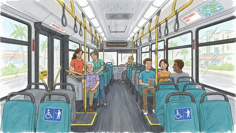 Miami-Dade Transit bus interior showing safety signage and passenger seating area