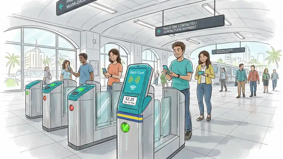 Passengers using contactless payment at Metrorail fare gate with EASY Card reader visible