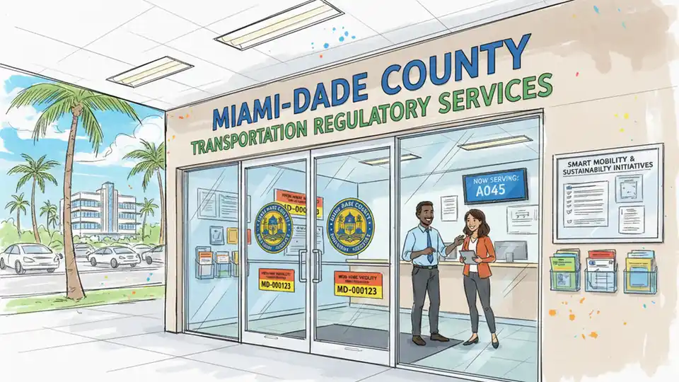 Miami-Dade County transportation regulatory office entrance with for-hire vehicle permit decals and application materials visible
