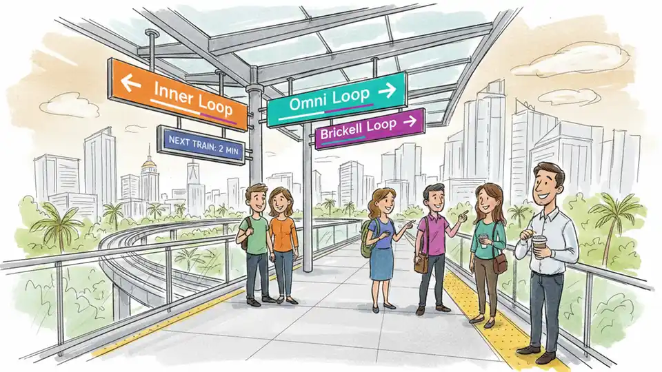 Metromover station platform with directional signage showing Inner, Omni, and Brickell loop routes