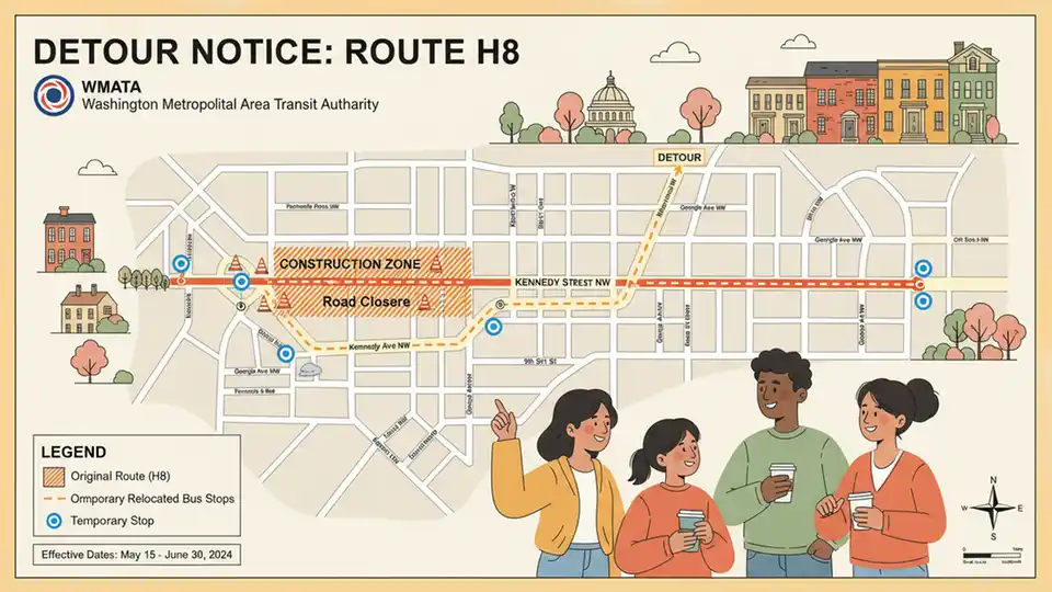 WMATA bus route map showing detour path around Kennedy Street NW construction zone with alternate streets highlighted
