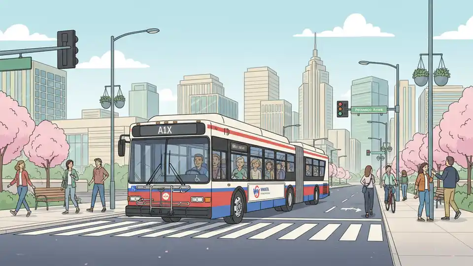 WMATA A1X bus on Potomac Avenue with Pentagon City skyline in background