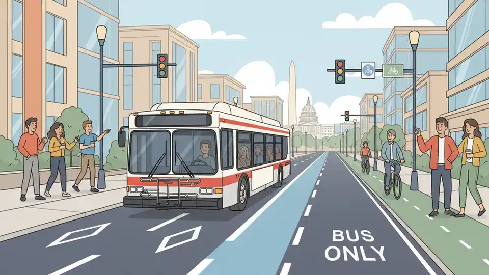 WMATA bus on transitway with dedicated bus lane markings visible