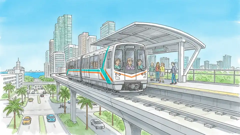 Miami-Dade Metromover train on elevated guideway approaching downtown station