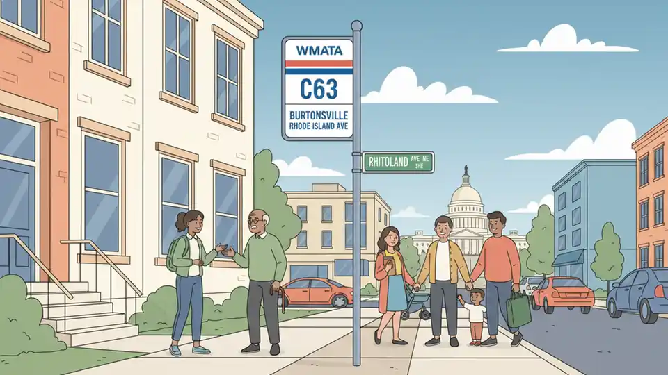 WMATA bus stop sign showing route C63 with street intersection in Northeast DC