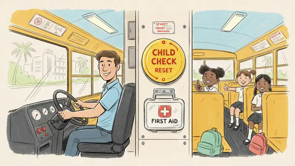 Interior of private school bus showing child safety alarm system and first aid kit mounted near driver's seat