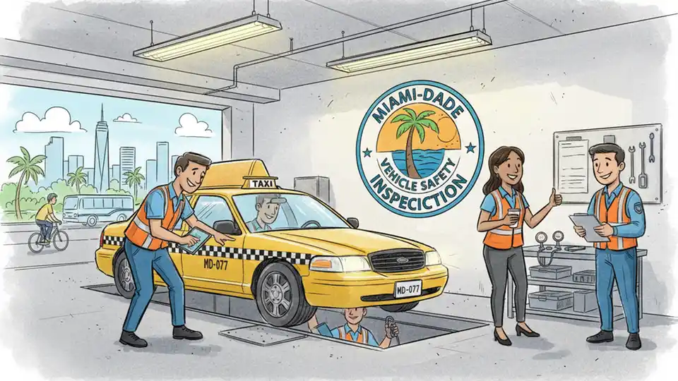Taxi vehicle undergoing safety inspection at Miami-Dade County Vehicle Inspection Station with inspector checking equipment