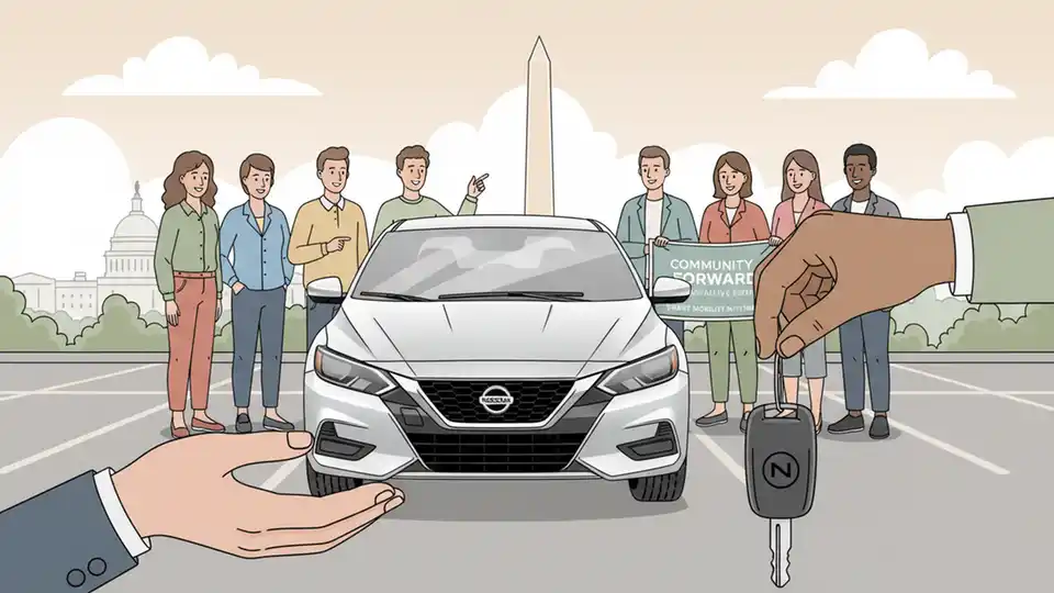 Close-up of a refurbished 2022 Nissan Sentra sedan with keys being presented during a vehicle donation ceremony