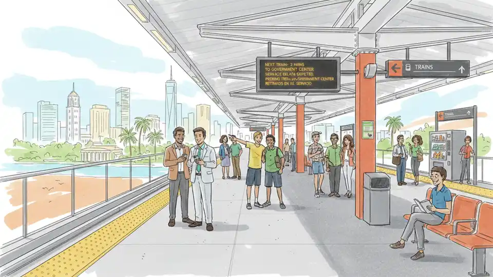 Metrorail station platform with electronic display showing service alert and waiting passengers