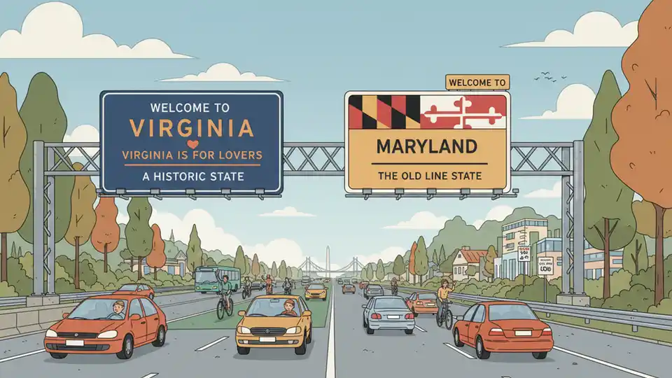 Virginia and Maryland state border welcome signs on highway
