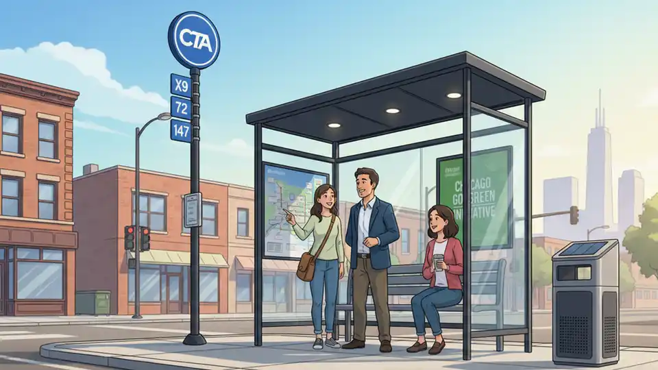 CTA bus stop sign and shelter at Chicago street corner intersection